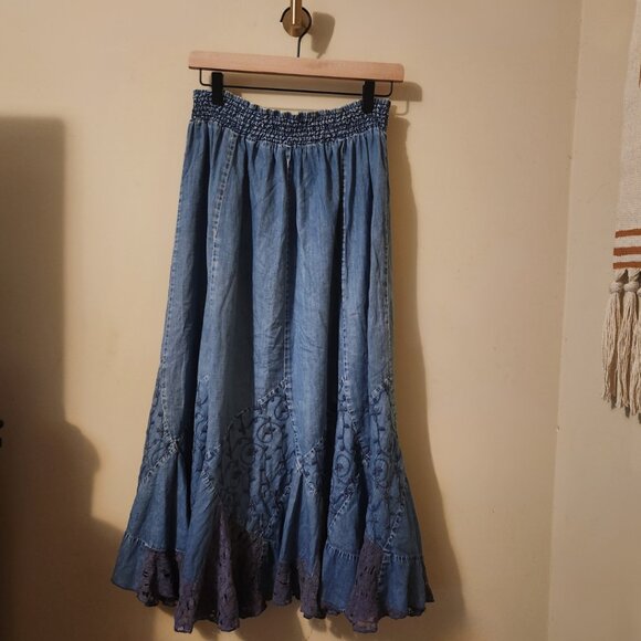 Reba Dresses & Skirts - Rare Y2K Find! Fairycore Jean Flowy Maxi Skirt w/ Embroidery Size XL